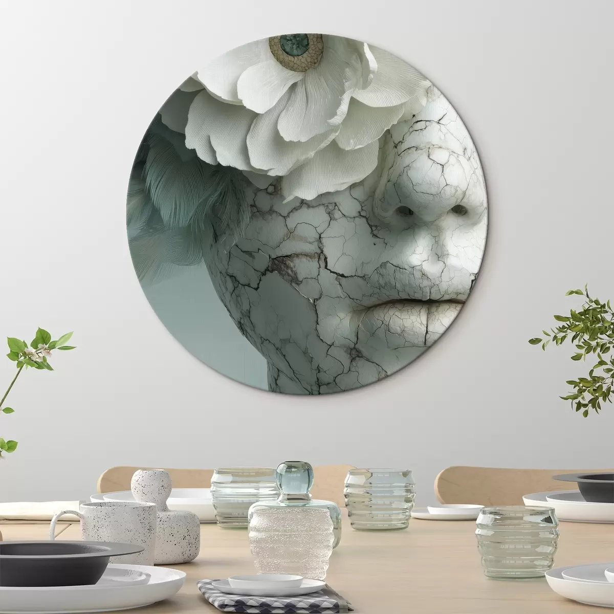 Tableaux rondes visage en marbre d'une fille avec une fleur r45709