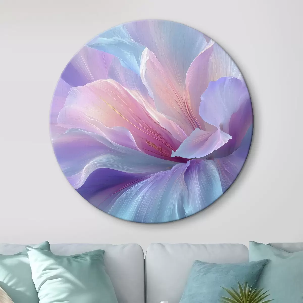 Tableaux rondes une fleur fantaisiste délicate aux pétales dans les tons violet, bleu et rose. r45710