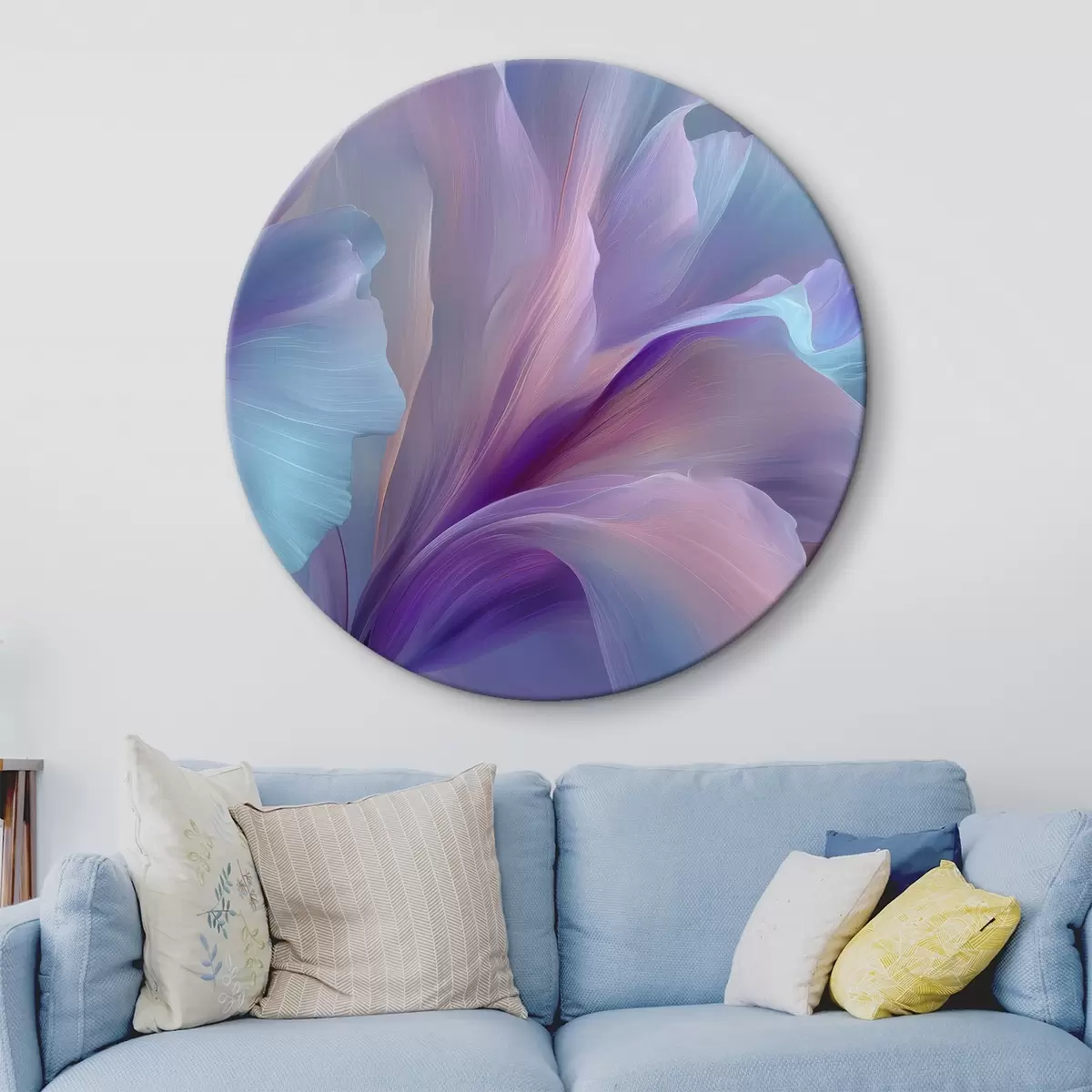 Tableaux rondes une fleur fantaisiste délicate aux pétales dans les tons violet, bleu et rose. r45711