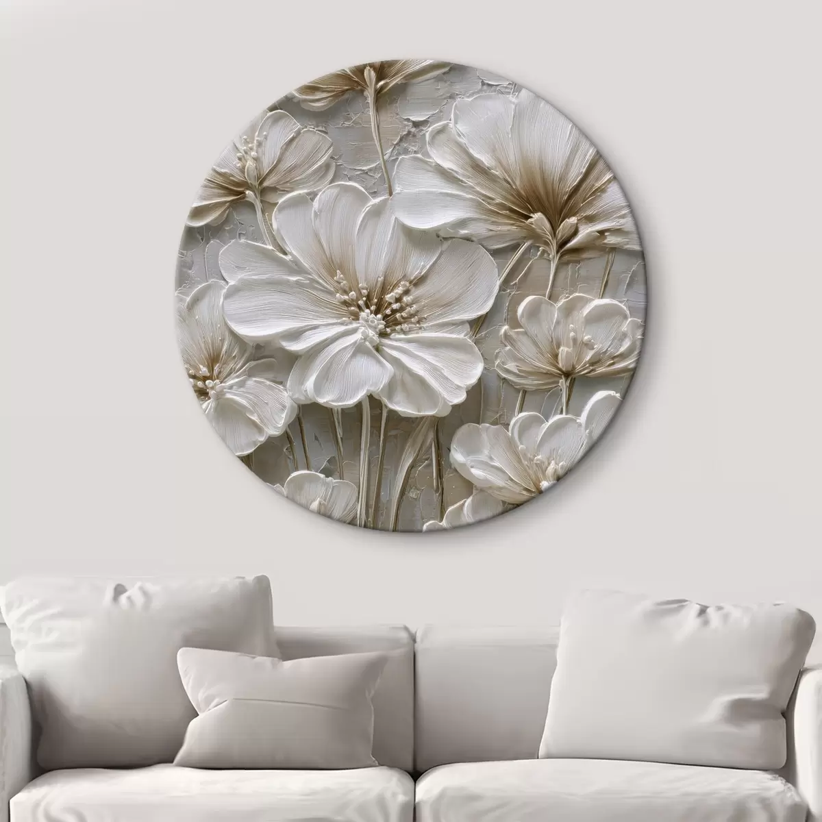 Tableaux rondes fleurs en crème avec imitation de style impasto r45712