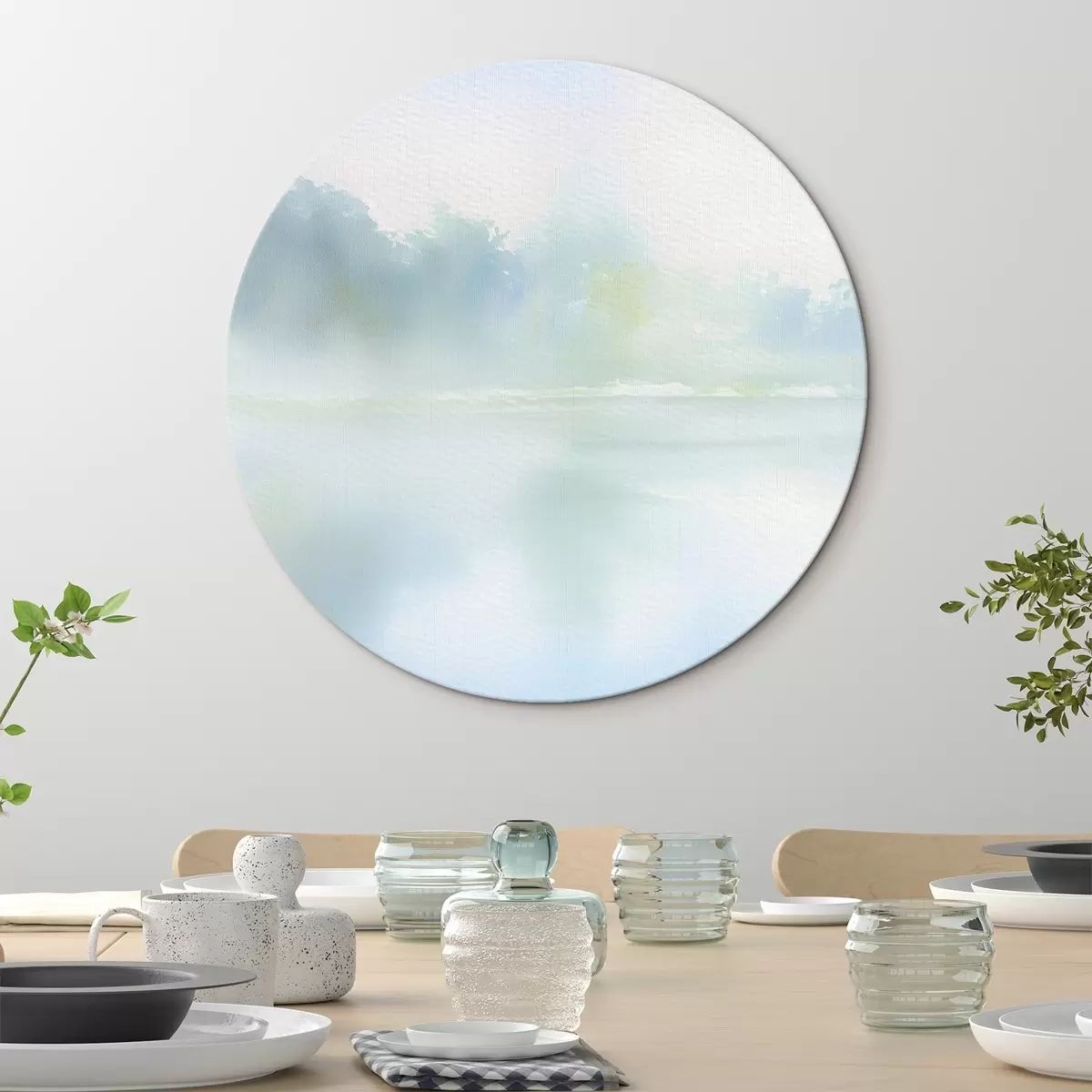 Tableaux rondes lac aquarellé dans les tons bleus r45714