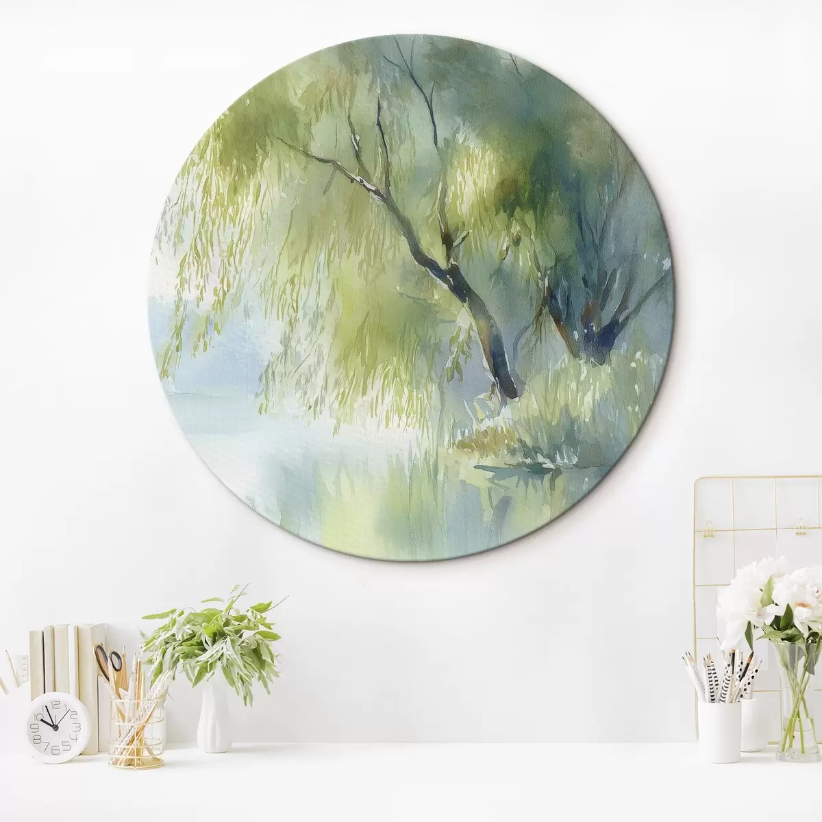 Tableaux rondes saule au bord du lac, style aquarelle r45715