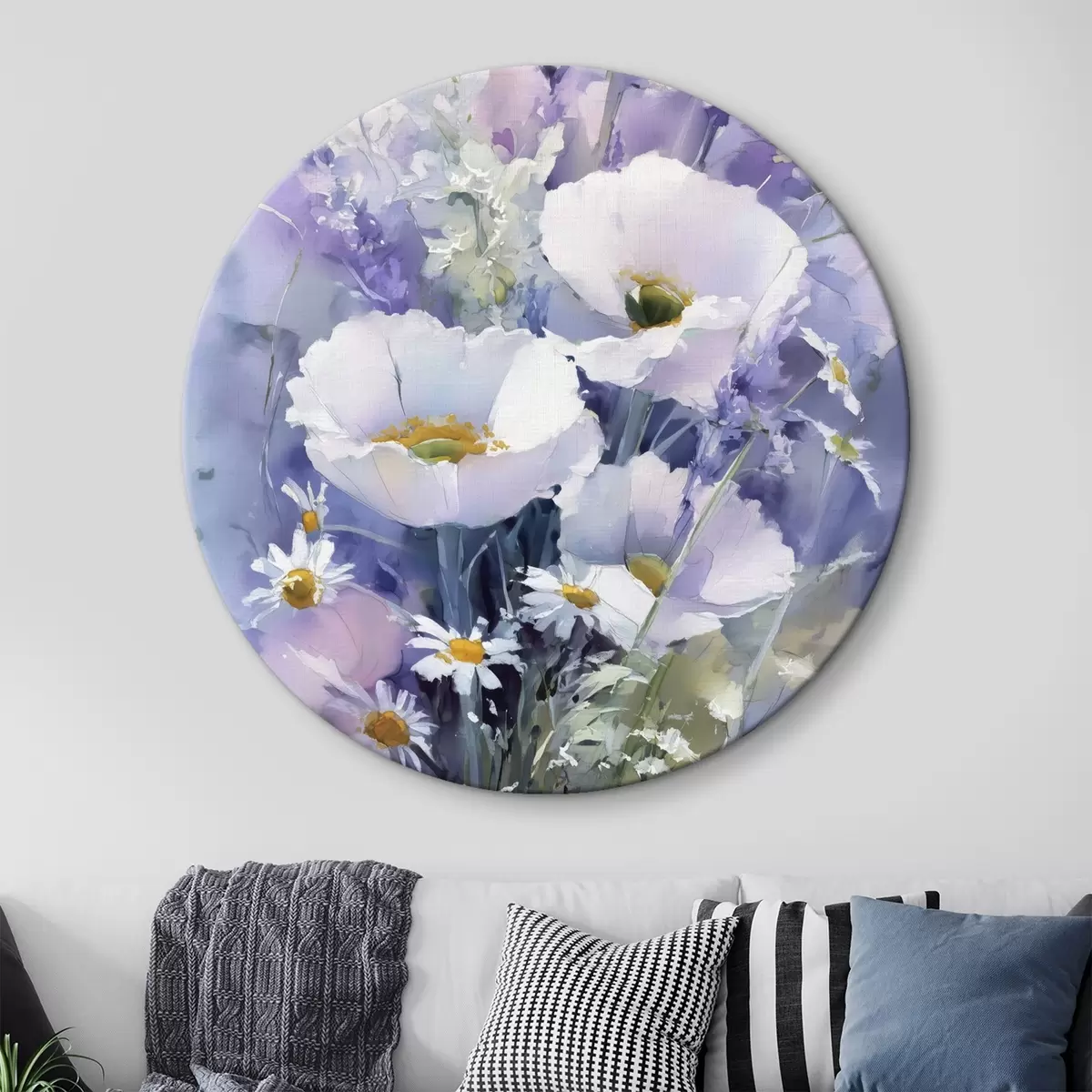 Tableaux rondes bouquet aquarelle dans les tons lilas et blanc r45720