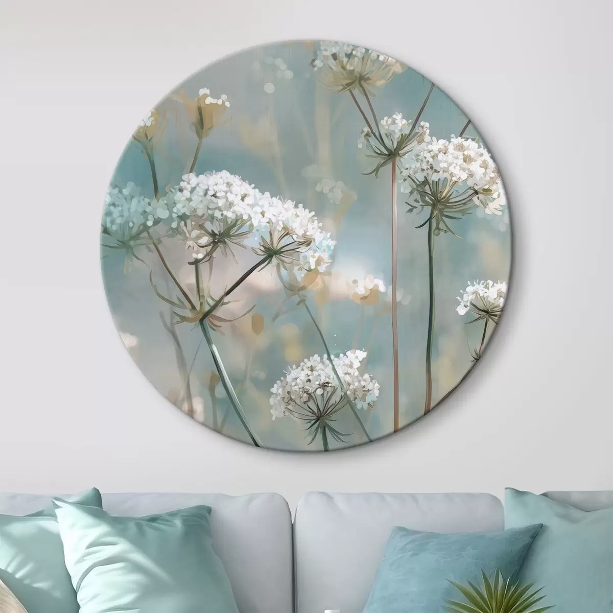 Tableaux rondes Fleurs de Queen Anne's Lace peintes à l'aquarelle sur fond bleu r45721