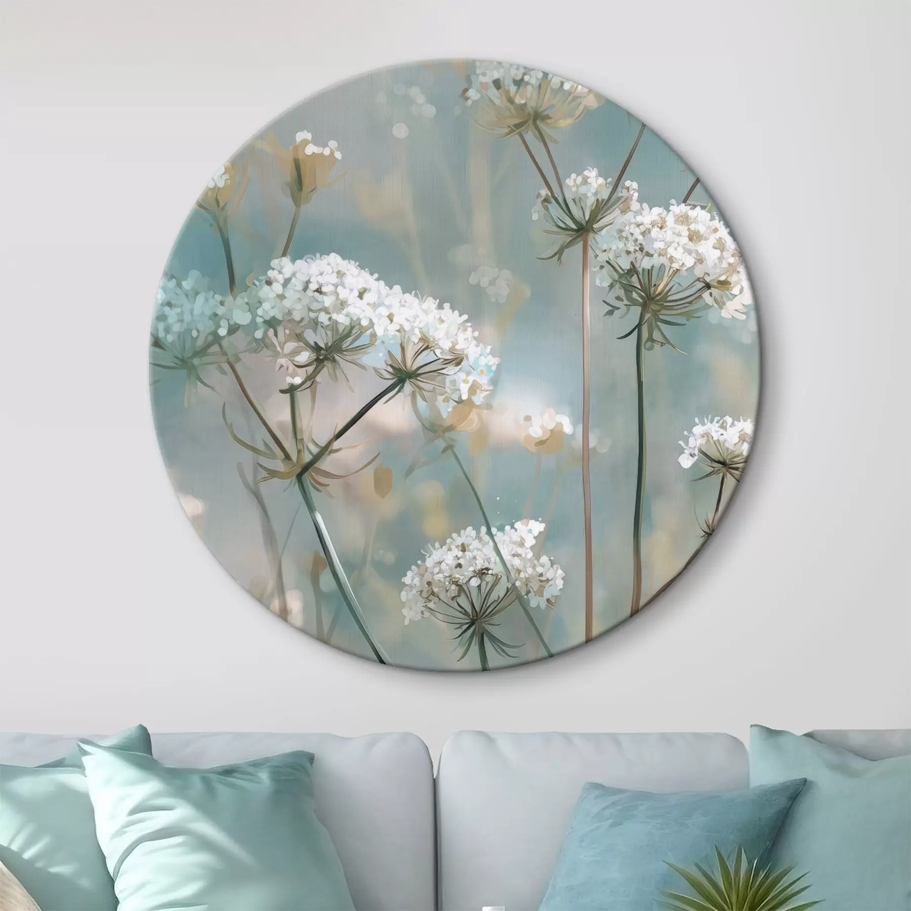 Tableau Fleurs de Queen Anne's Lace peintes à l'aquarelle sur fond bleu r45721