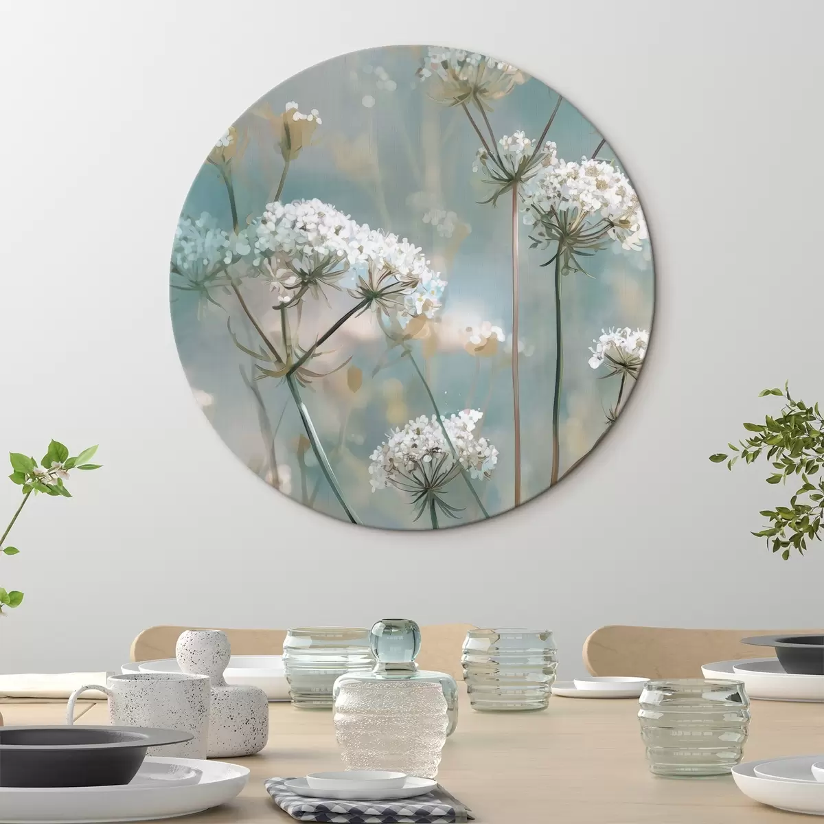Tableaux rondes Fleurs de Queen Anne's Lace peintes à l'aquarelle sur fond bleu r45721