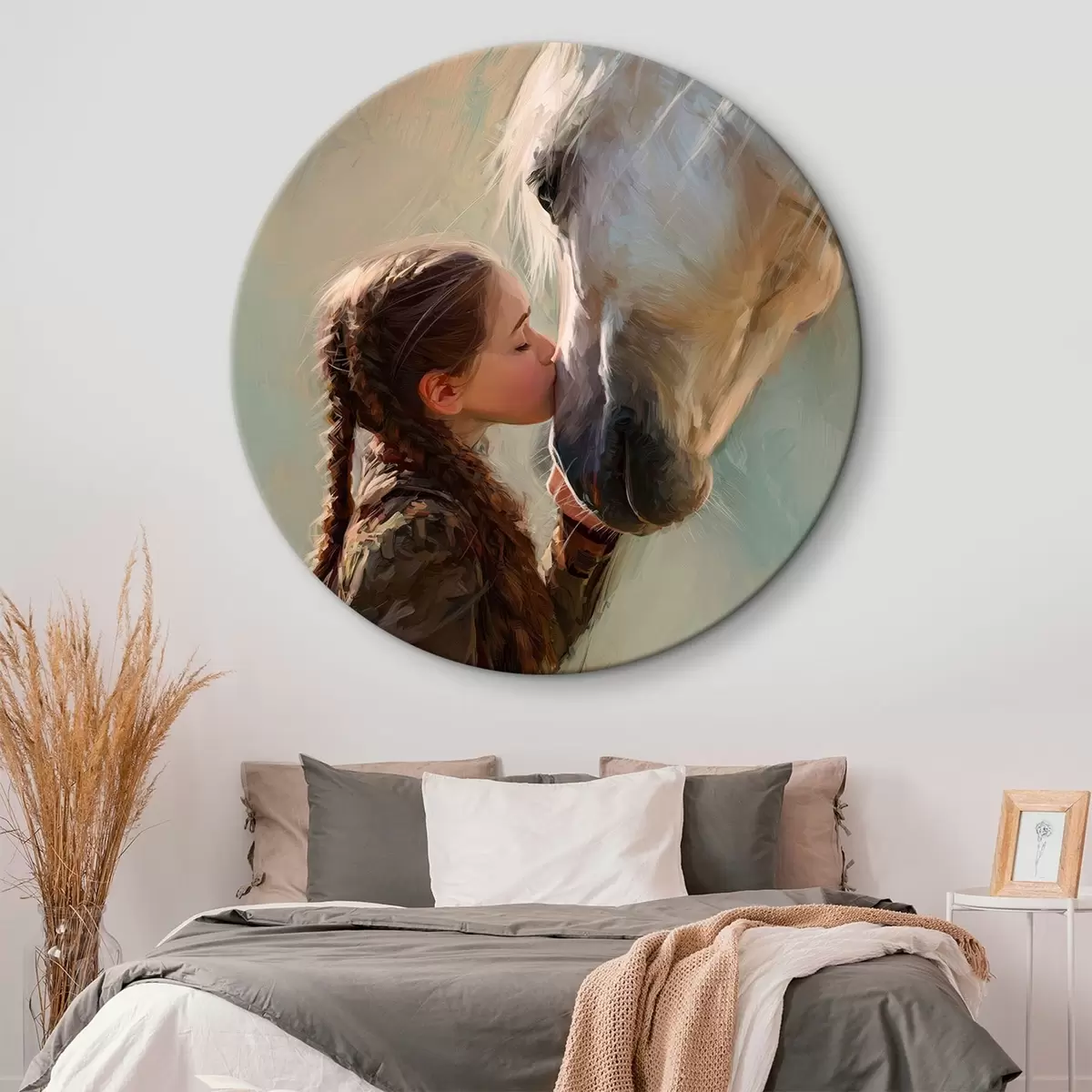 Tableaux rondes fille embrassant un cheval r45731