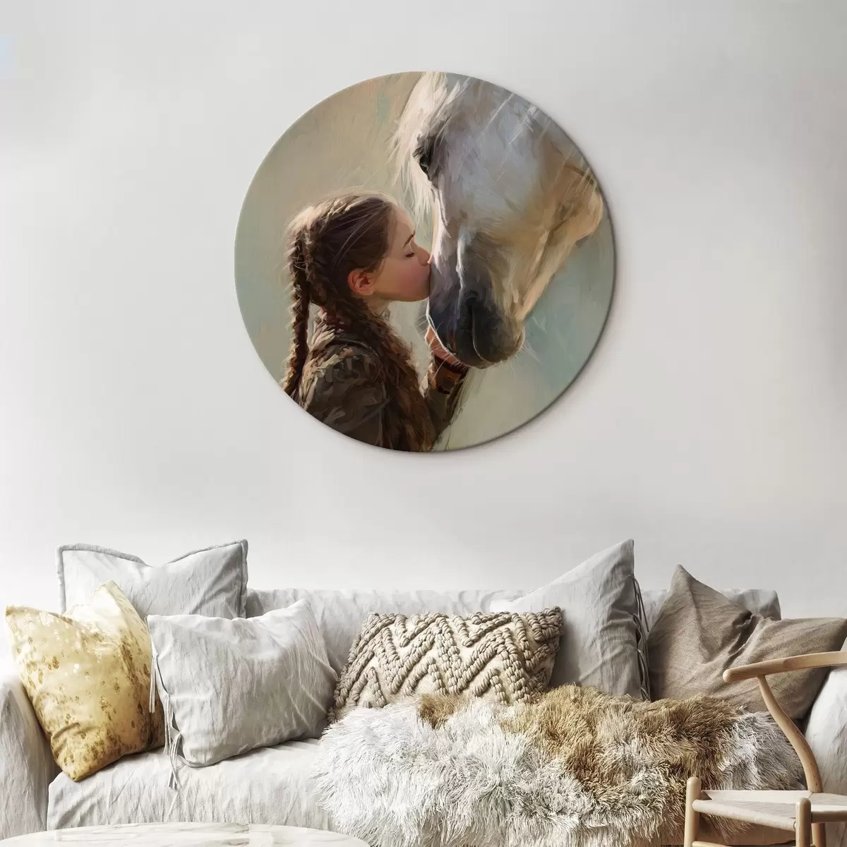 Tableaux rondes fille embrassant un cheval r45731