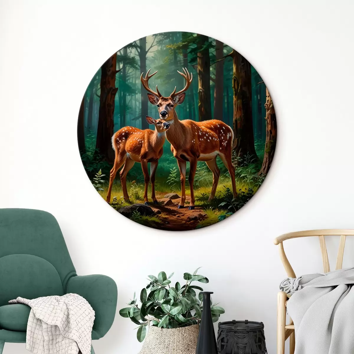 Tableaux rondes cerf avec faon dans la forêt r45732
