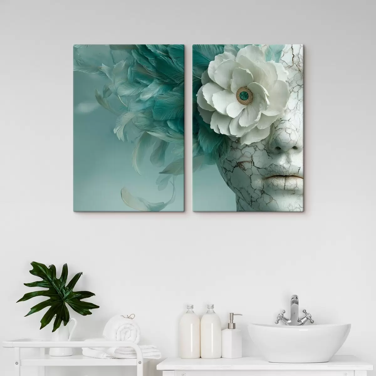 Tableau visage en marbre d'une fille avec une fleur et des plumes m00699