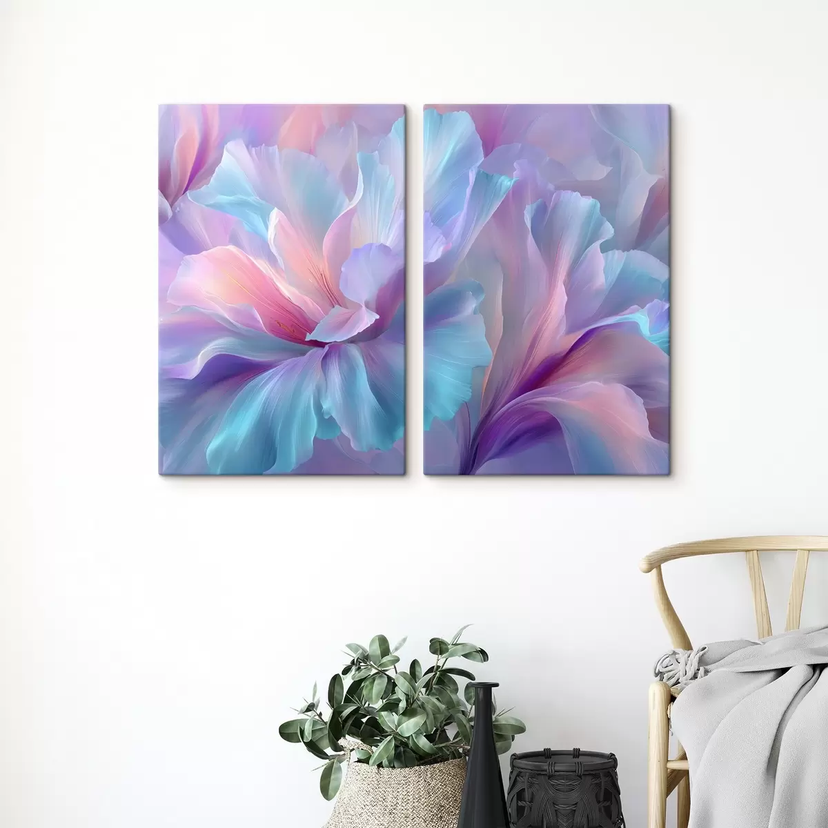 Tableau une délicate fantaisie florale aux pétales dans les tons violet, bleu et rose. m00700