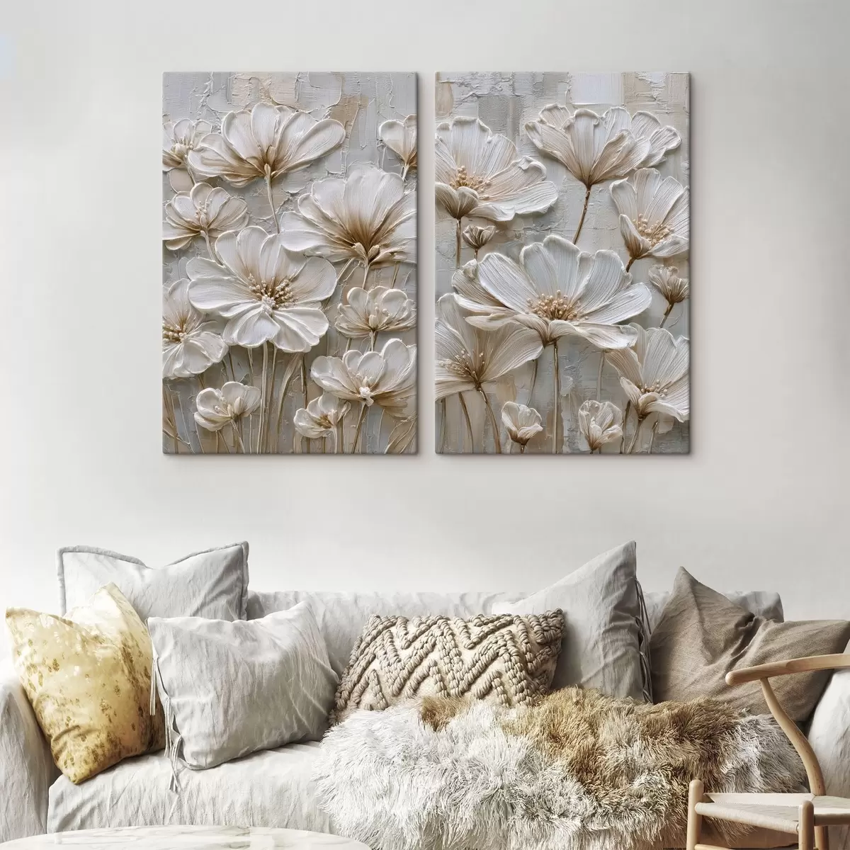 Tableau fleurs en crème avec imitation de style impasto m00701