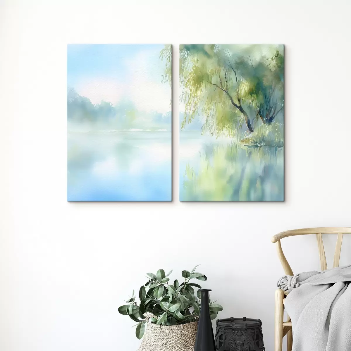 Tableau saule au bord du lac, style aquarelle m00702