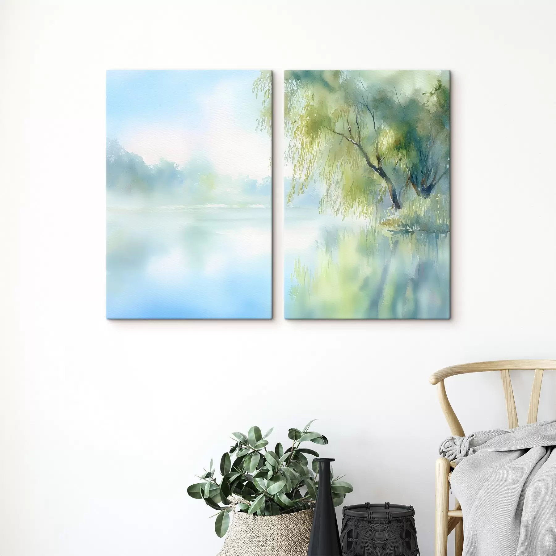 Tableau saule au bord du lac, style aquarelle m00702