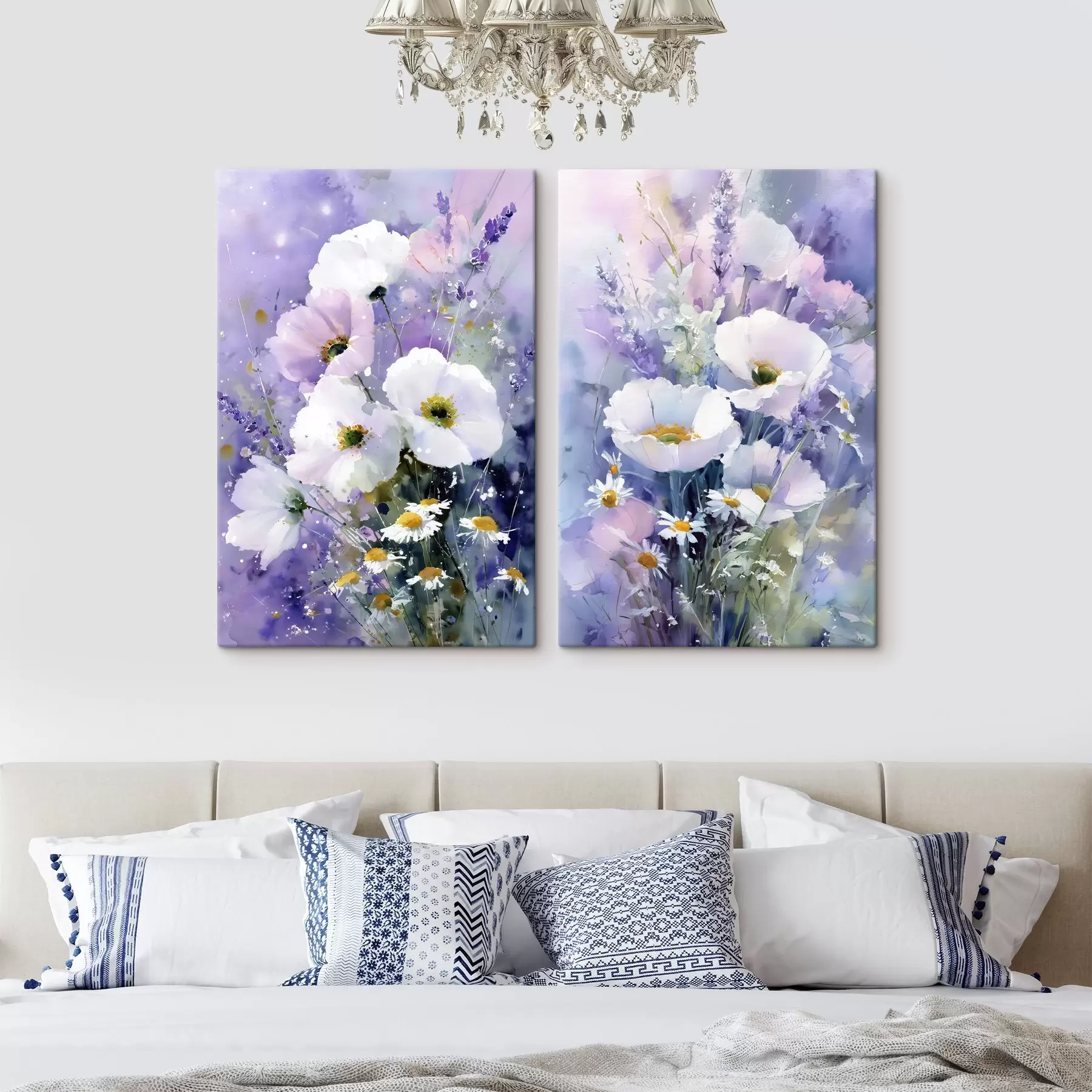 Tableau bouquet aquarelle dans les tons lilas et blanc m00704