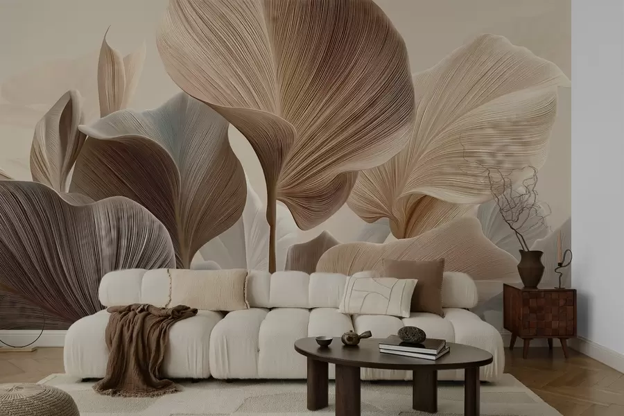 Papier peint Élégantes feuilles beiges à la texture linéaire fine w04549