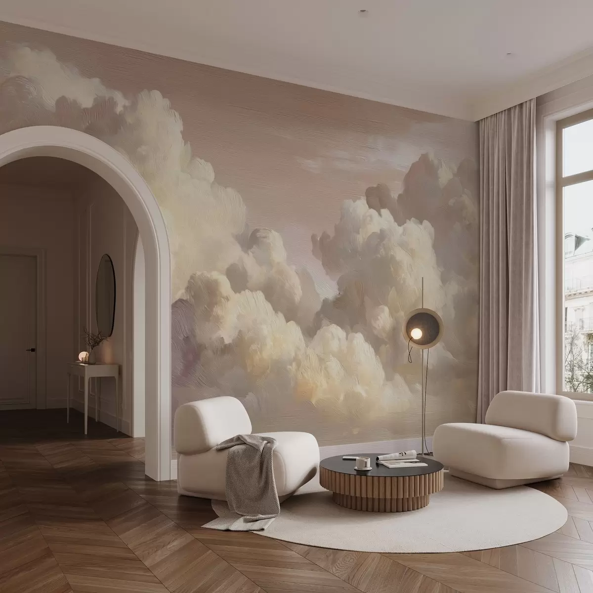 Papier peint Nuages dans une lumière rose pastel chaude w04550v1