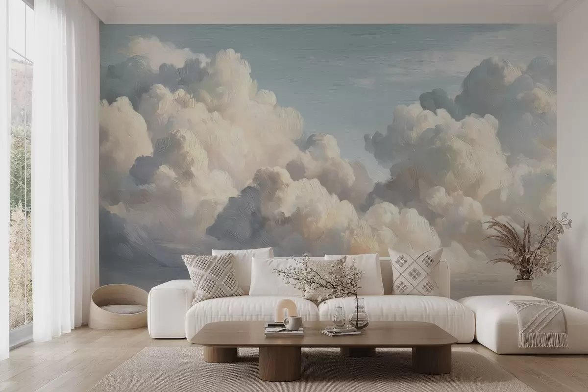 Papier peint Nuages dans un ciel bleu clair avec une texture légère w04550v2