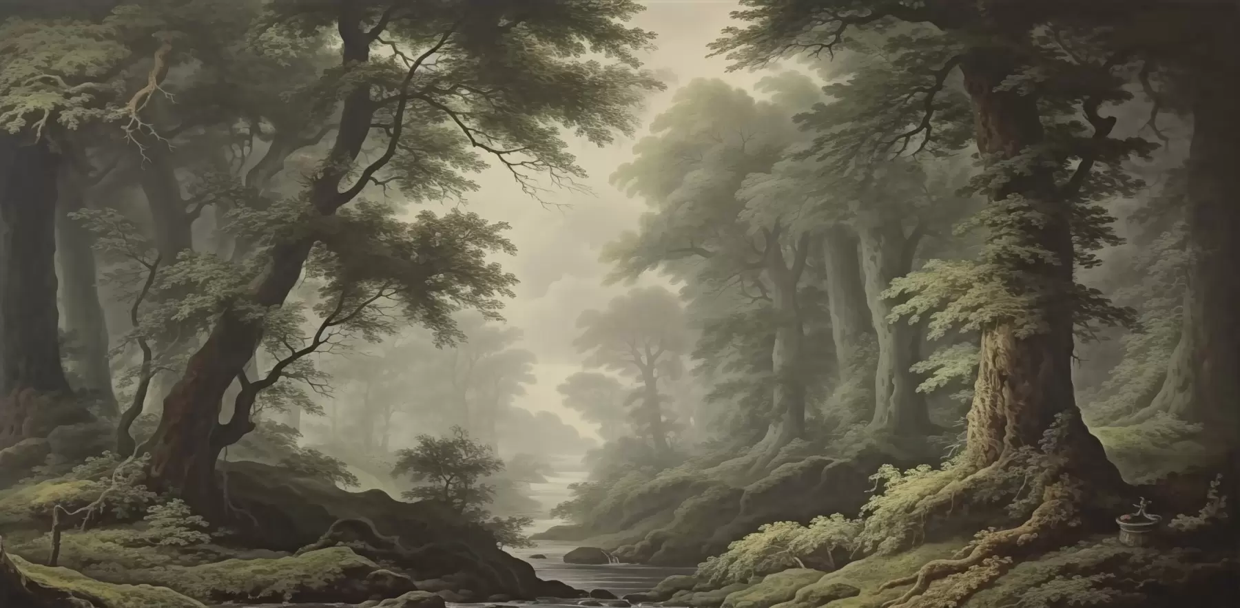 Papier peint Forêt brumeuse avec rivière et grands arbres anciens w04555