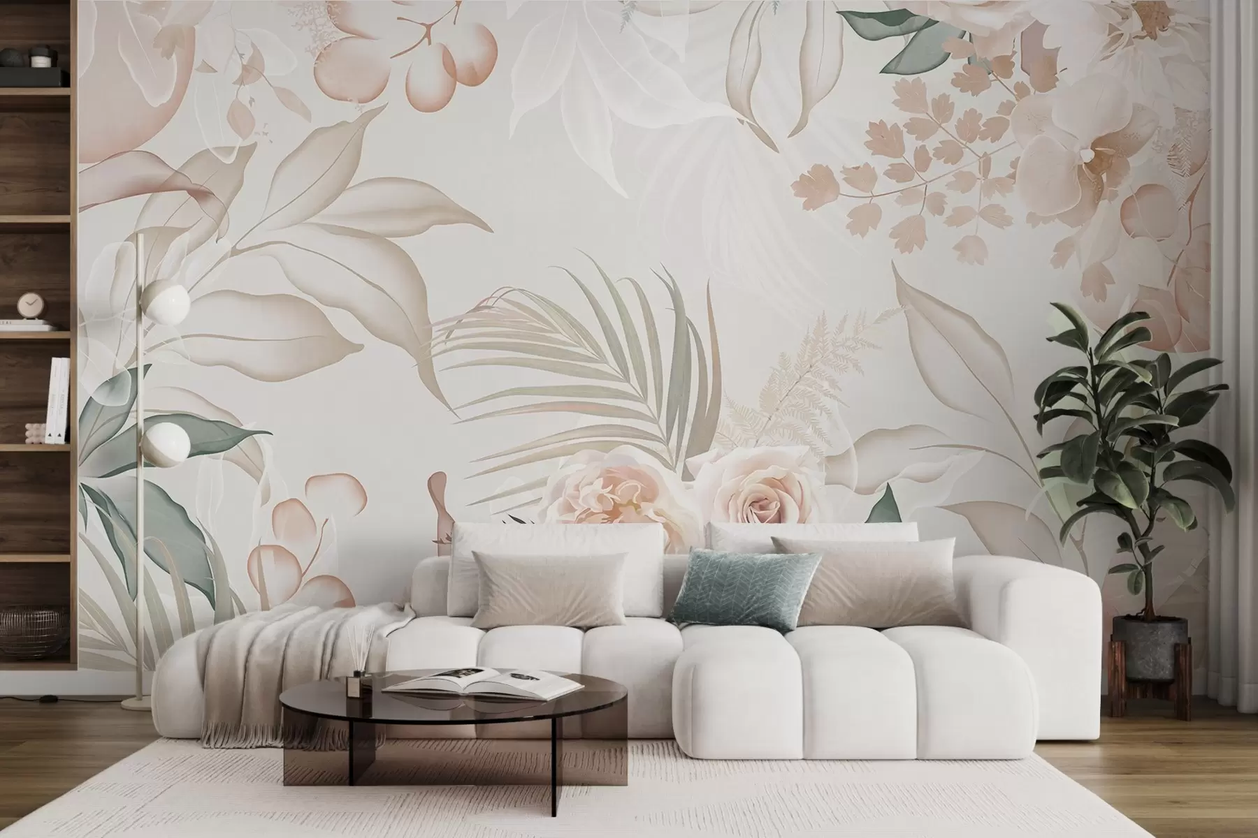 Papier peint Composition florale texturée avec roses, orchidées, eucalyptus et feuilles de palmier dans des tons pastel, fond beige w09393