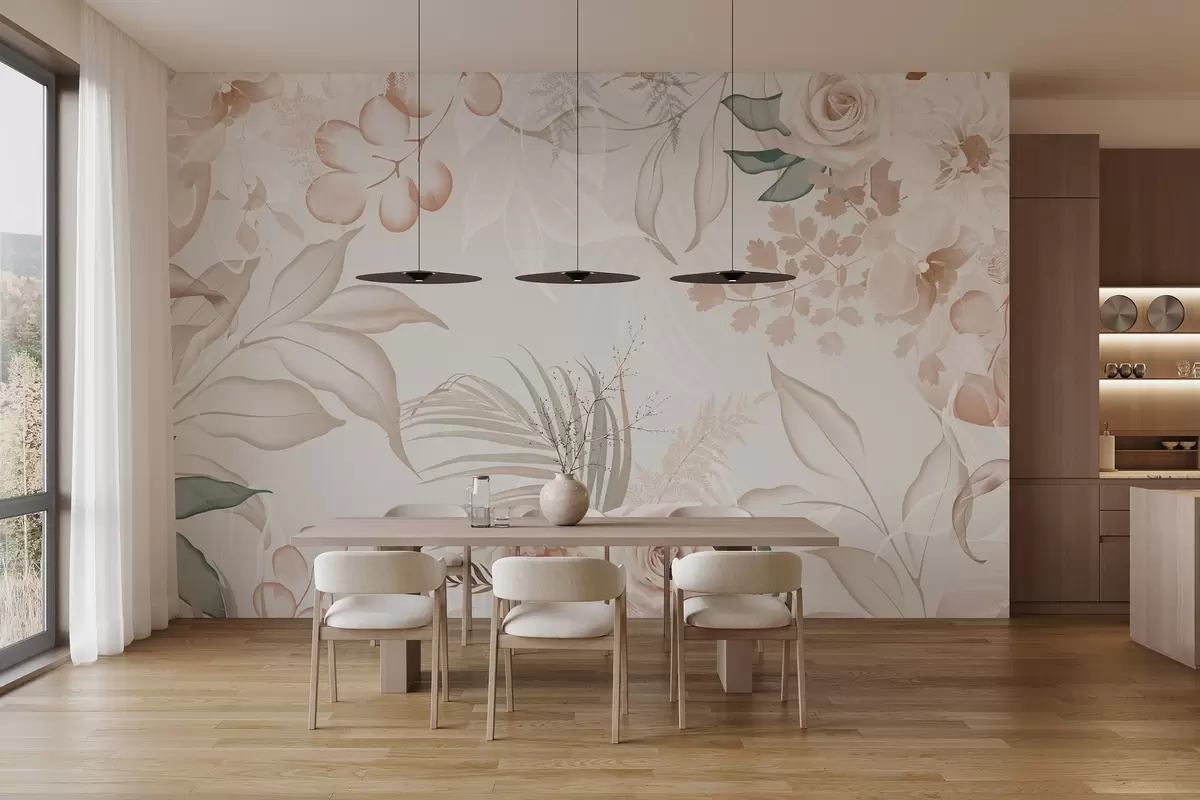 Papier peint Composition florale texturée avec roses, orchidées, eucalyptus et feuilles de palmier dans des tons pastel, fond beige w09393