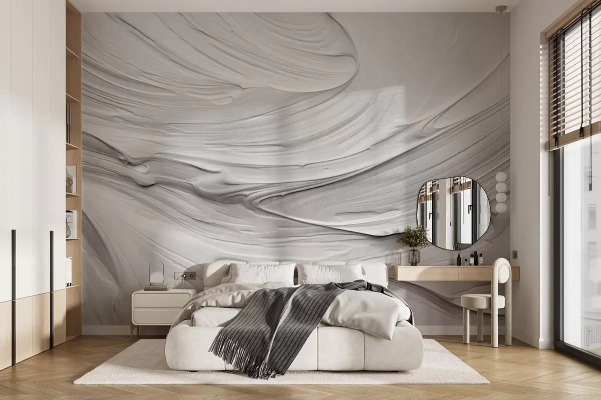 Papier peint Imitation de coups de pinceau blancs texturés abstraits avec un motif tourbillonnant, composition moderne neutre et minimaliste w09394