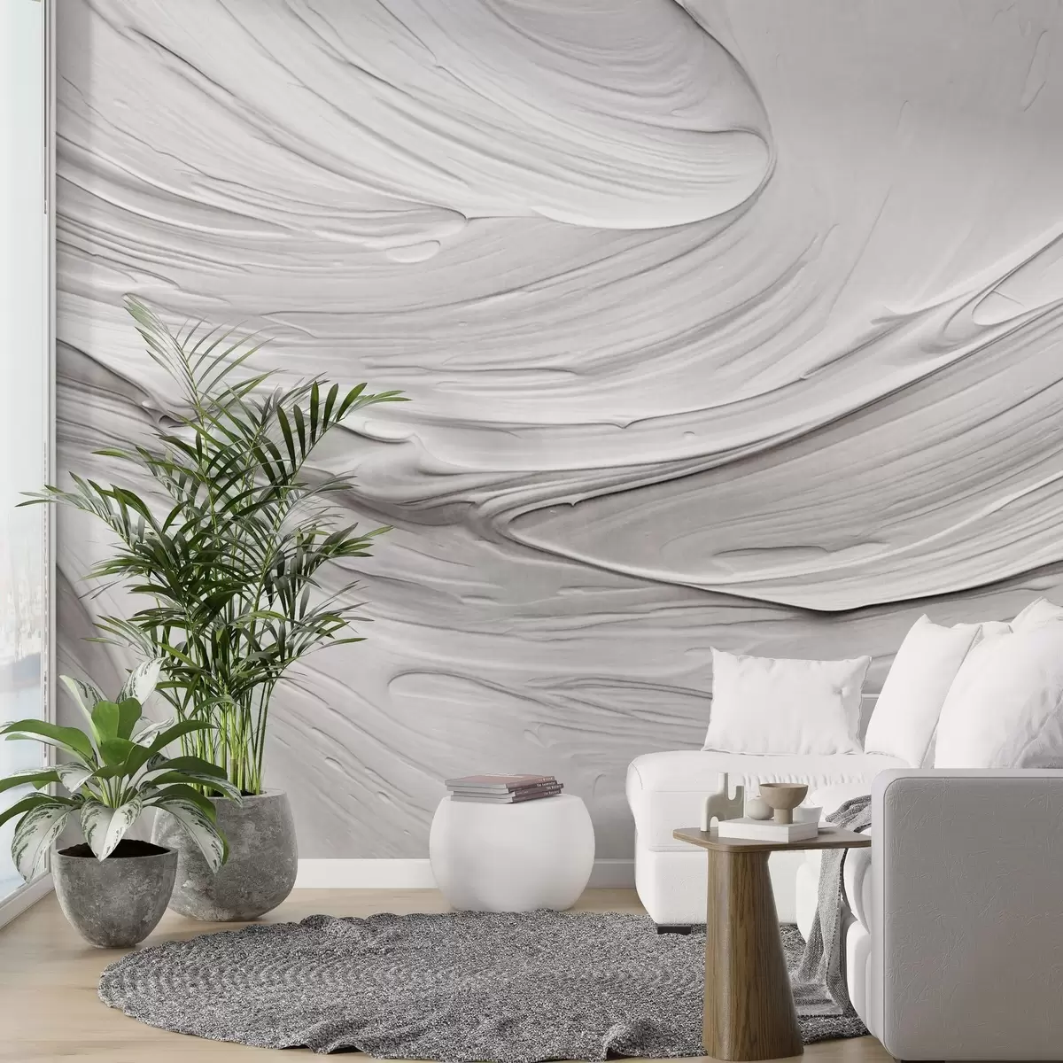 Papier peint Imitation de coups de pinceau blancs texturés abstraits avec un motif tourbillonnant, composition moderne neutre et minimaliste w09394