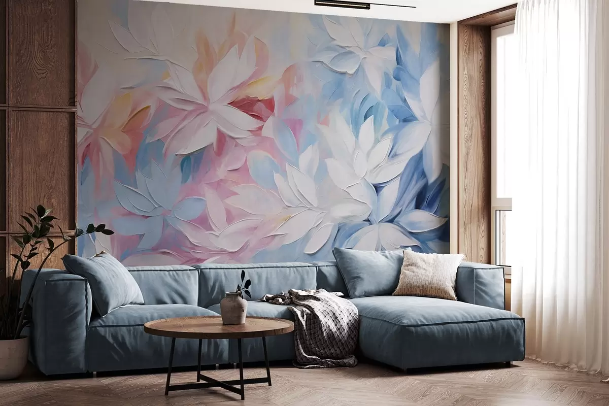 Papier peint Fleurs blanches texturées avec des feuilles roses et bleues, peinture à l'huile de style abstrait, coups de pinceau doux, couleurs pastel  w09396