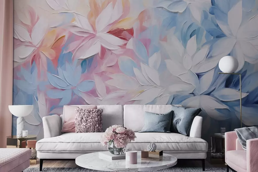 Papier peint Fleurs blanches texturées avec des feuilles roses et bleues, peinture à l'huile de style abstrait, coups de pinceau doux, couleurs pastel  w09396