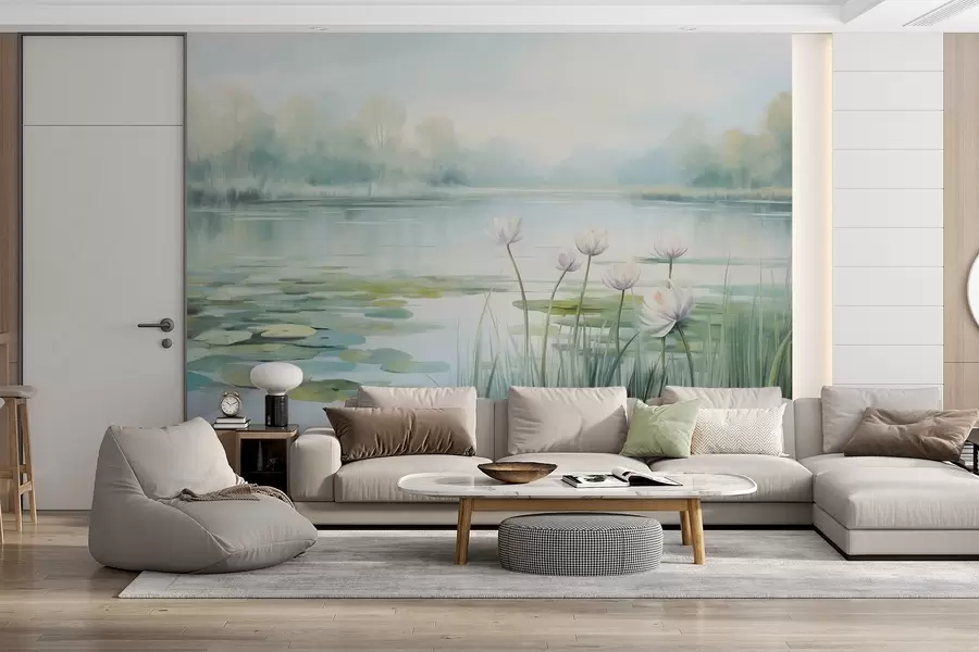 Papier peint Paysage avec un lac, des nénuphars et des feuilles de nénuphars, des arbres en arrière-plan, dans un environnement calme, tons bleu clair et vert w09395