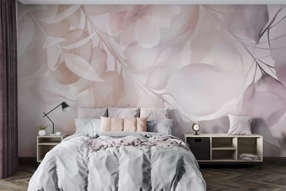 Papier peint Art floral avec des fleurs, des feuilles et des branches dans des tons beiges et bruns discrets, des couleurs pastel douces et un effet aquarelle texturé w09397