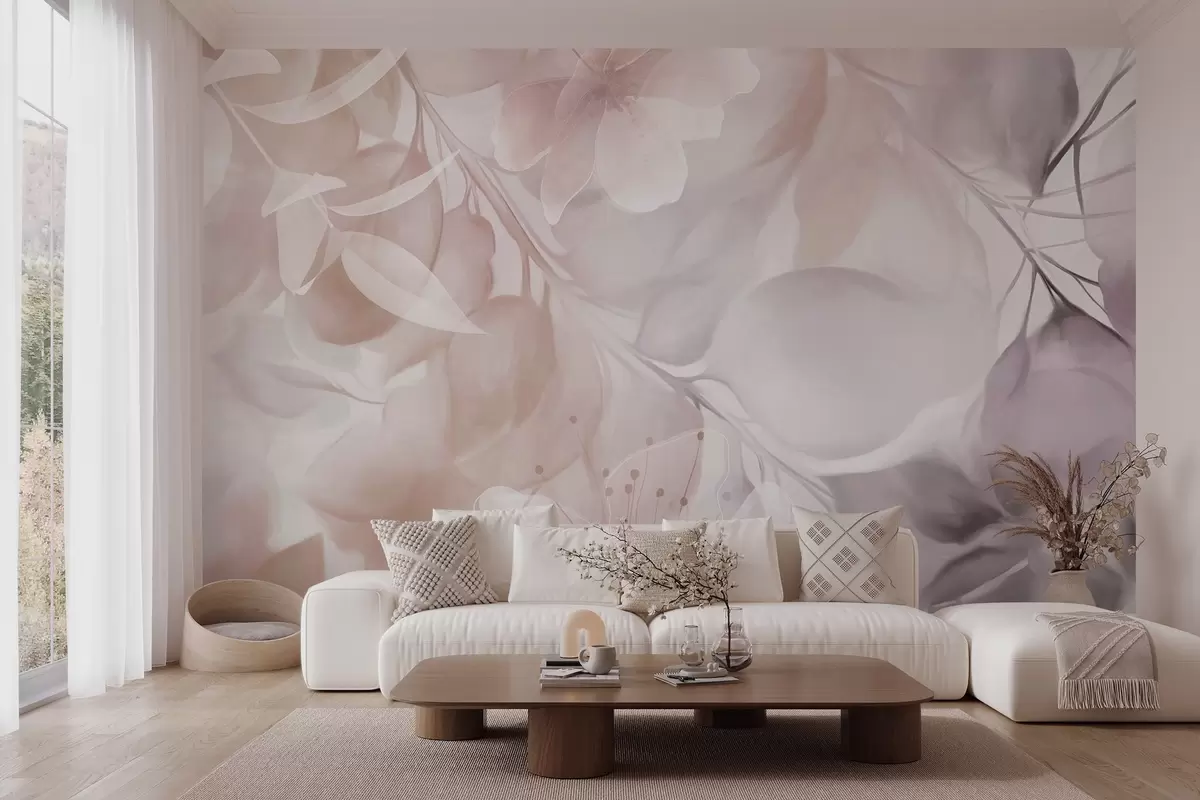 Papier peint Art floral avec des fleurs, des feuilles et des branches dans des tons beiges et bruns discrets, des couleurs pastel douces et un effet aquarelle texturé w09397