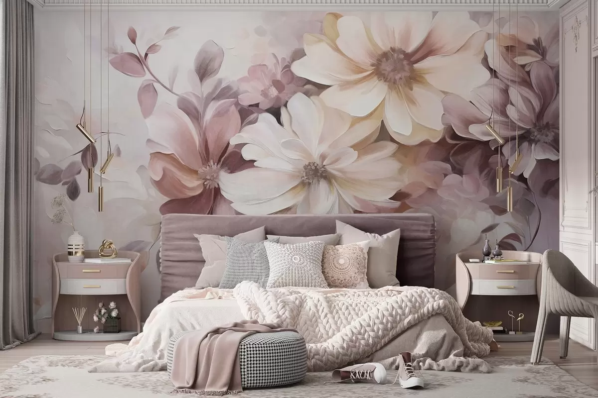 Papier peint Une composition florale composée de grandes fleurs texturées aux couleurs douces dans les tons bordeaux, pêche et blanc, avec des feuilles délicates w09398