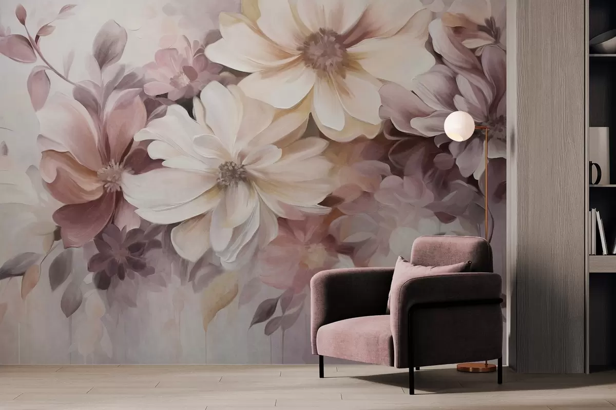 Papier peint Une composition florale composée de grandes fleurs texturées aux couleurs douces dans les tons bordeaux, pêche et blanc, avec des feuilles délicates w09398