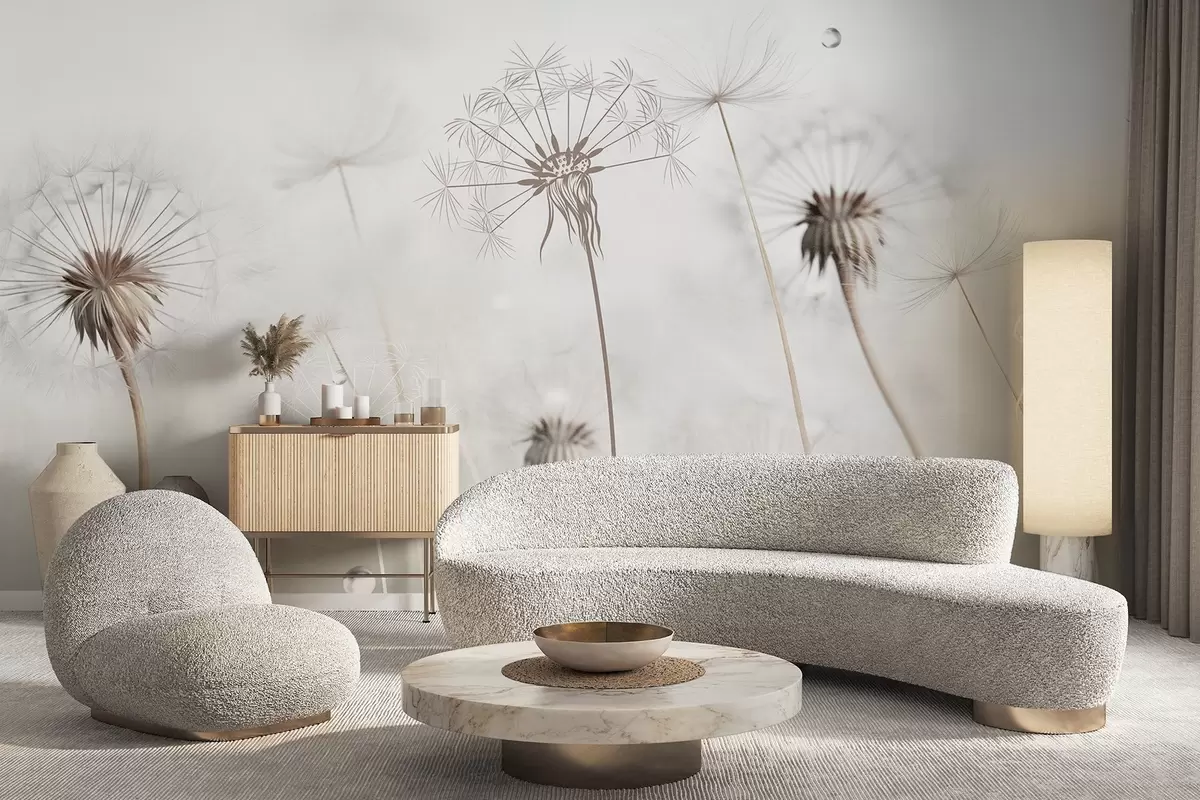 Papier peint Pissenlits avec gouttes d'eau, fond blanc, gros plan, lumière douce, nature, botanique, éthéré, délicat, minimaliste w09399