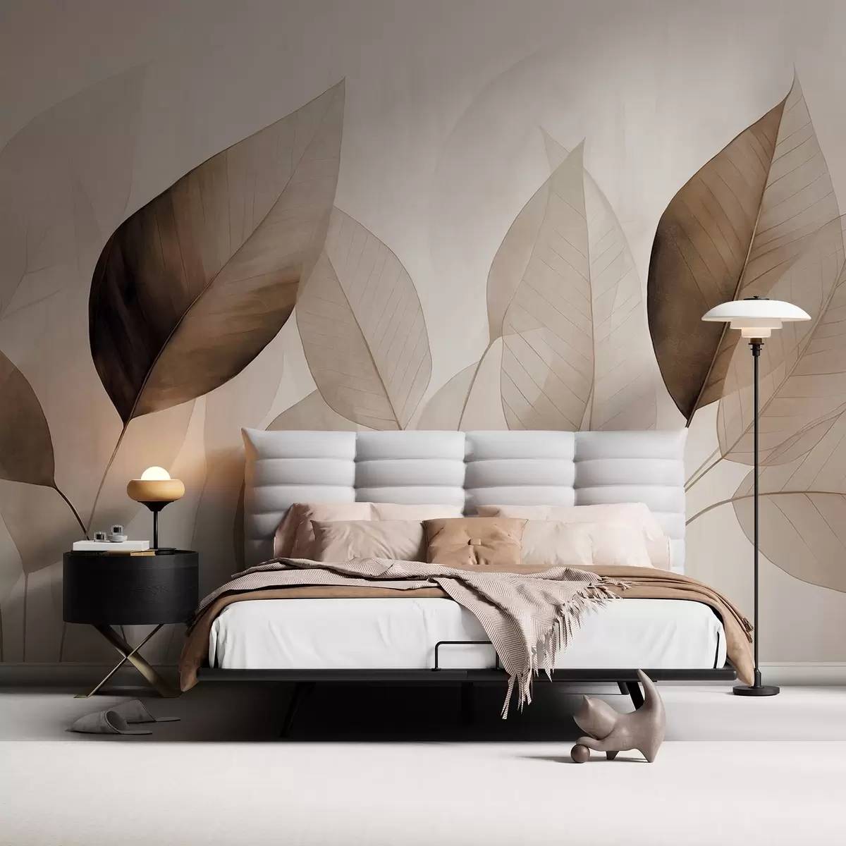 Papier peint Peinture texturée imitant des feuilles dans des tons bruns et beiges, avec des nervures et des tiges délicates w09400v1