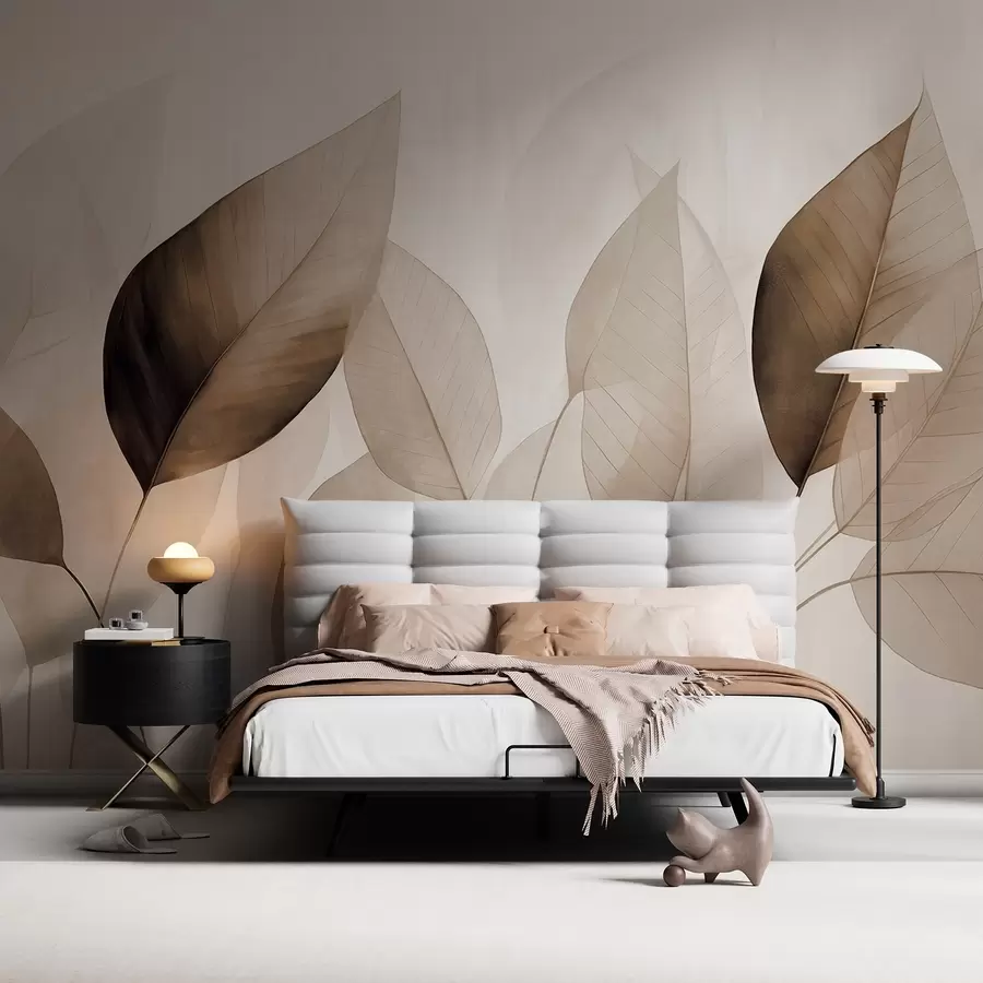 Papier peint Peinture texturée imitant des feuilles dans des tons bruns et beiges, avec des nervures et des tiges délicates w09400v1