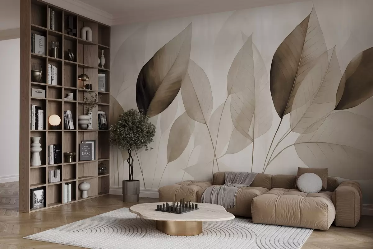 Papier peint Peinture texturée imitant des feuilles dans des tons bruns et beiges, avec des nervures et des tiges délicates w09400v1