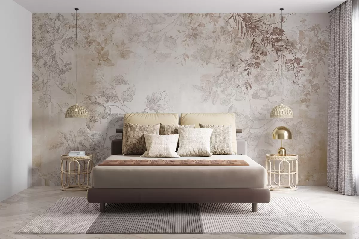 Papier peint Art floral vintage texturé avec des illustrations délicates de fleurs et de feuilles de jardin dessinées, dans des tons pastel beige et sépia doux w09402