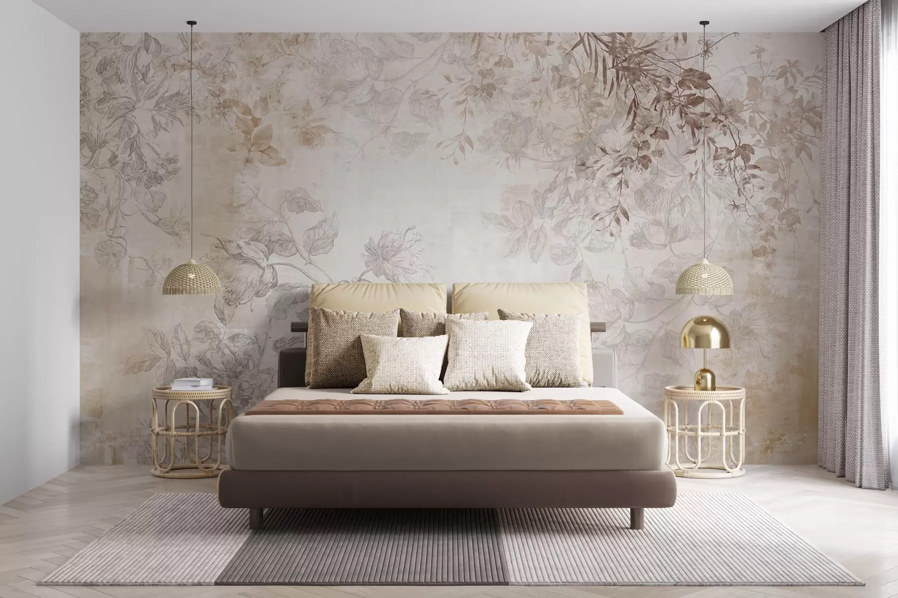 Papier peint Art floral vintage texturé avec des illustrations délicates de fleurs et de feuilles de jardin dessinées, dans des tons pastel beige et sépia doux w09402