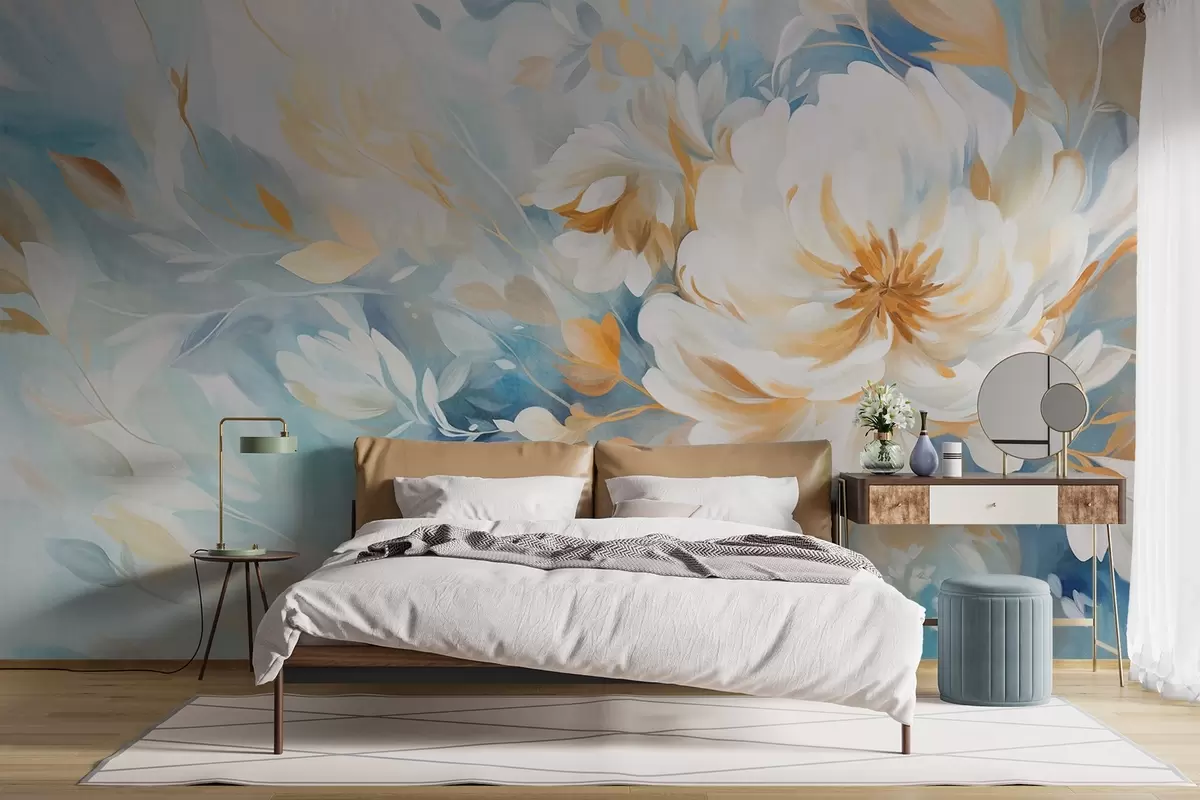 Papier peint Fleur blanche texturée avec des détails bleus et jaunes et des feuilles sur un fond abstrait bleu et blanc, style peinture w09403