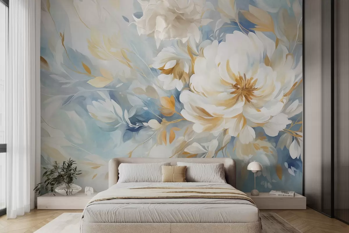 Papier peint Fleur blanche texturée avec des détails bleus et jaunes et des feuilles sur un fond abstrait bleu et blanc, style peinture w09403