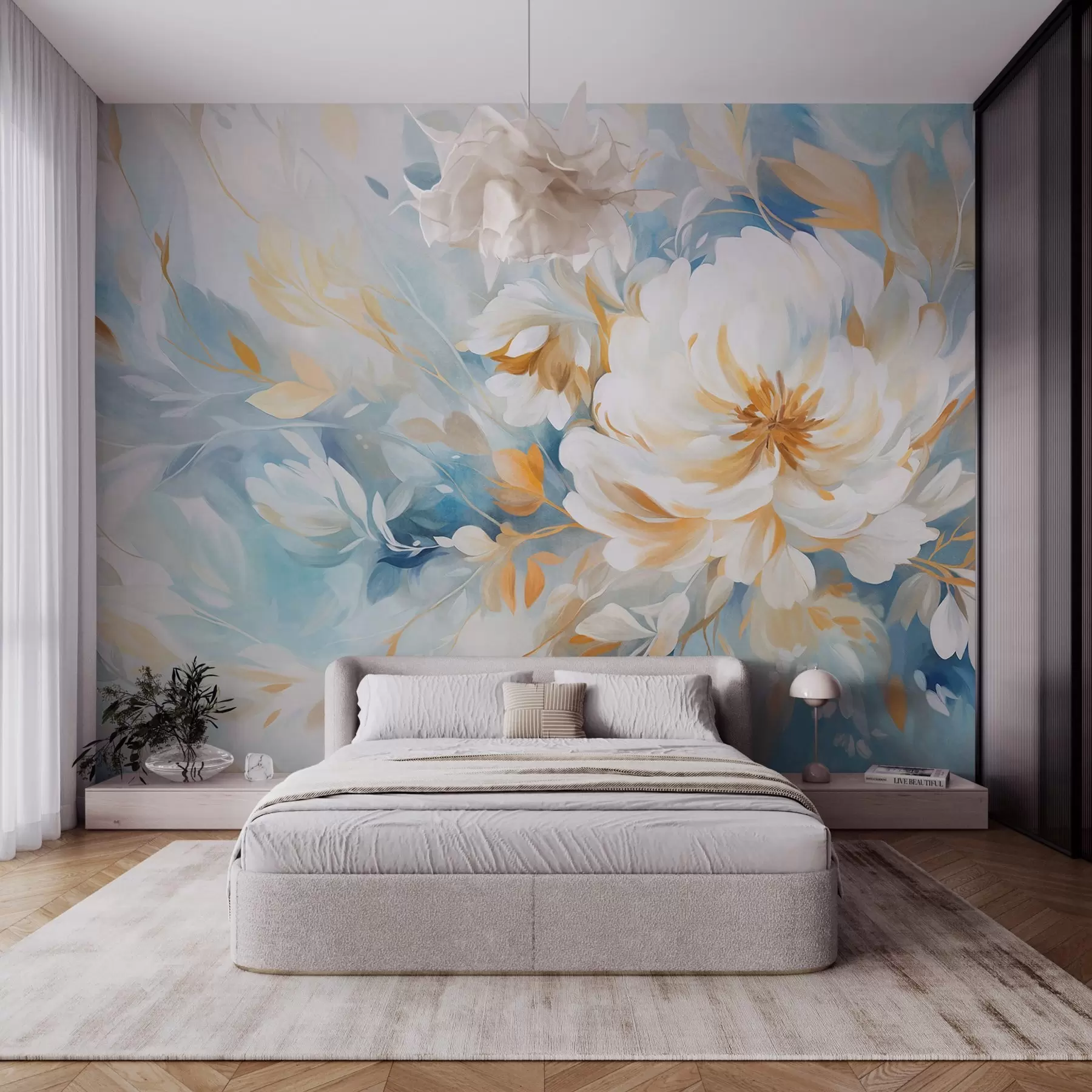 Papier peint Fleur blanche texturée avec des détails bleus et jaunes et des feuilles sur un fond abstrait bleu et blanc, style peinture w09403