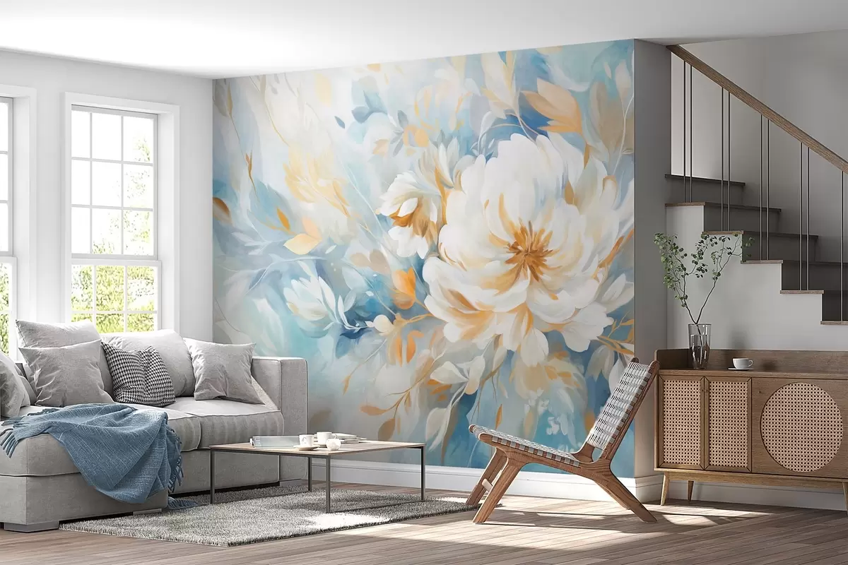 Papier peint Fleur blanche texturée avec des détails bleus et jaunes et des feuilles sur un fond abstrait bleu et blanc, style peinture w09403