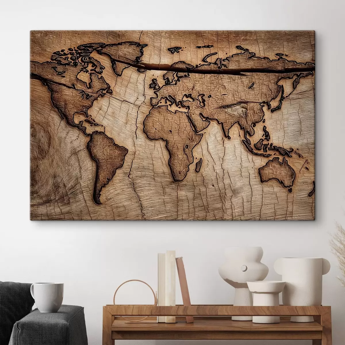 Tableau Carte du monde gravée sur bois s45805