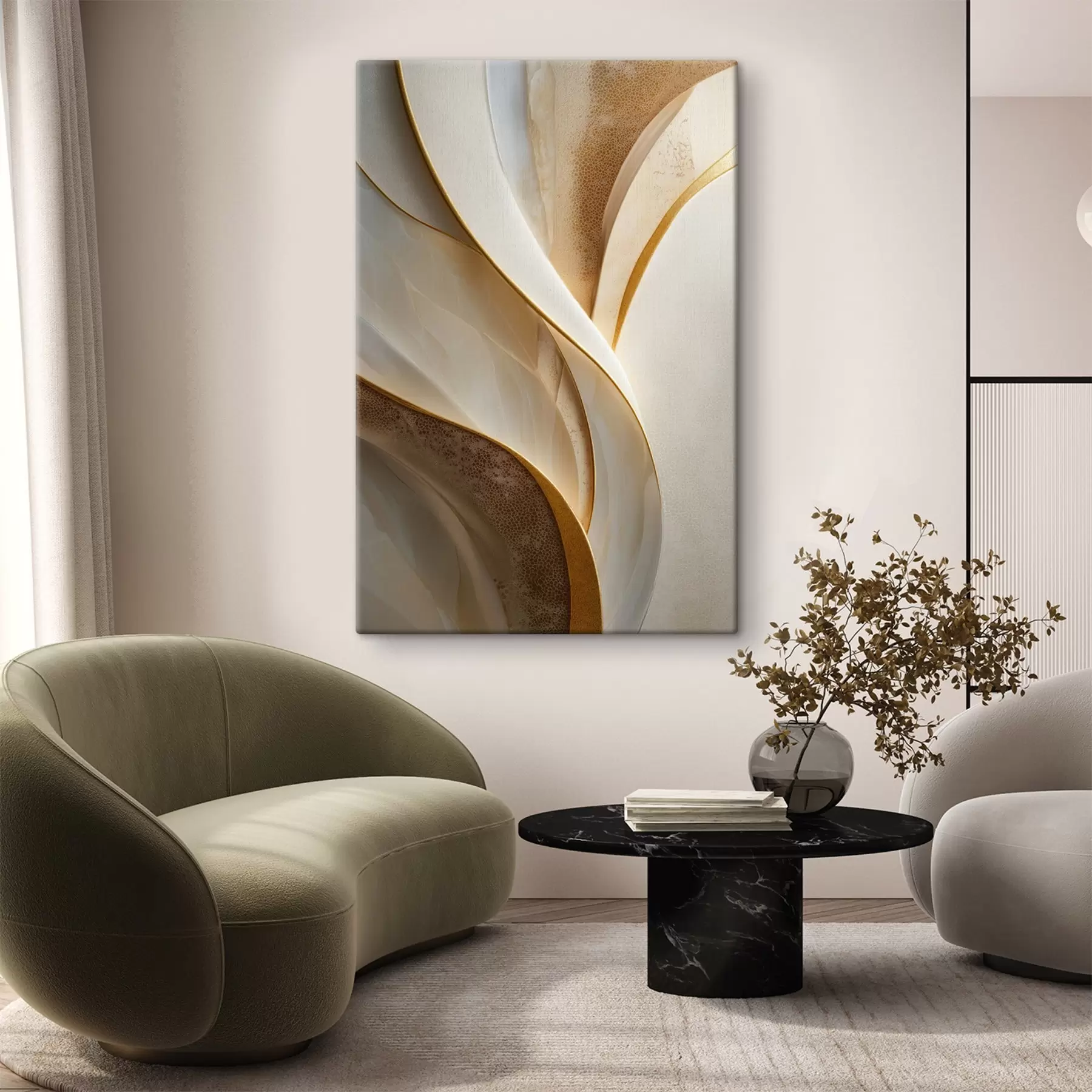 Tableau Courbes abstraites rehaussées de touches jaune-orange et beige s45807