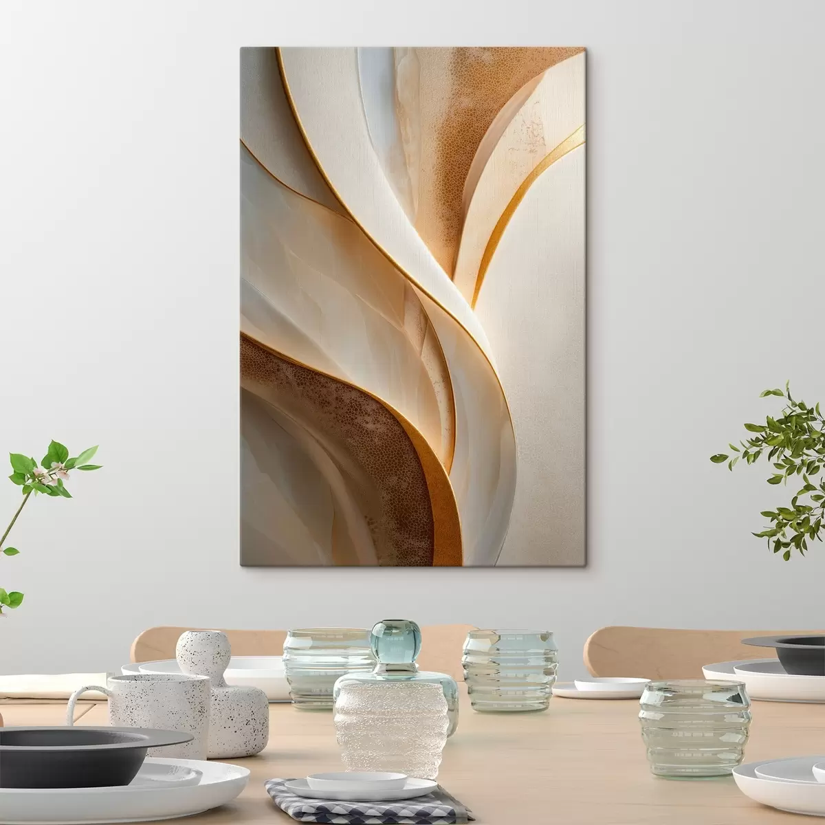Tableau Courbes abstraites rehaussées de touches jaune-orange et beige s45807