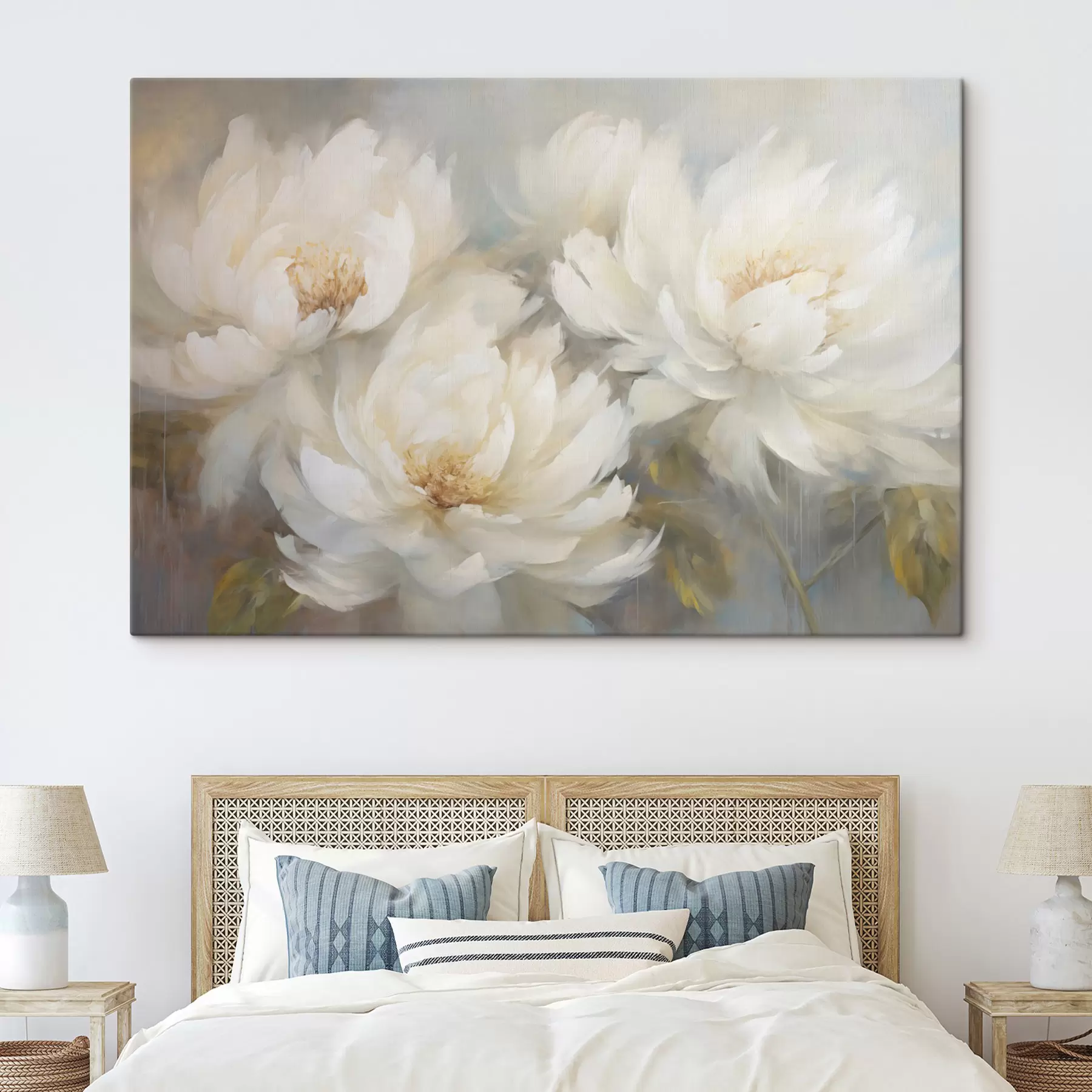 Tableau Trois pivoines blanches luxuriantes sur un fond délicat s45808