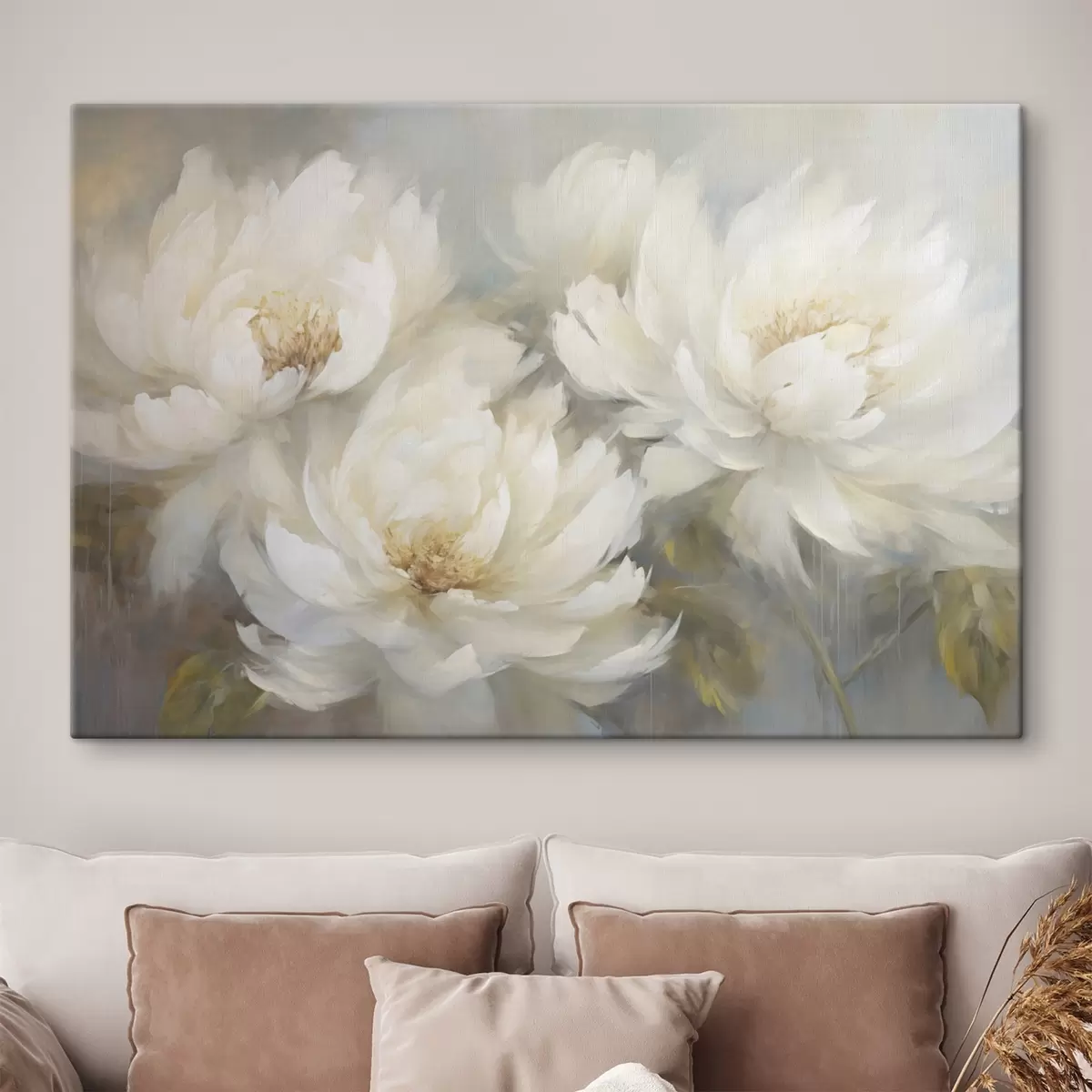 Tableau Trois pivoines blanches luxuriantes sur un fond délicat s45808