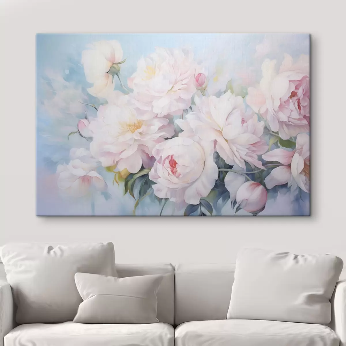 Tableau Délicates pivoines roses sur fond bleu ciel s45813